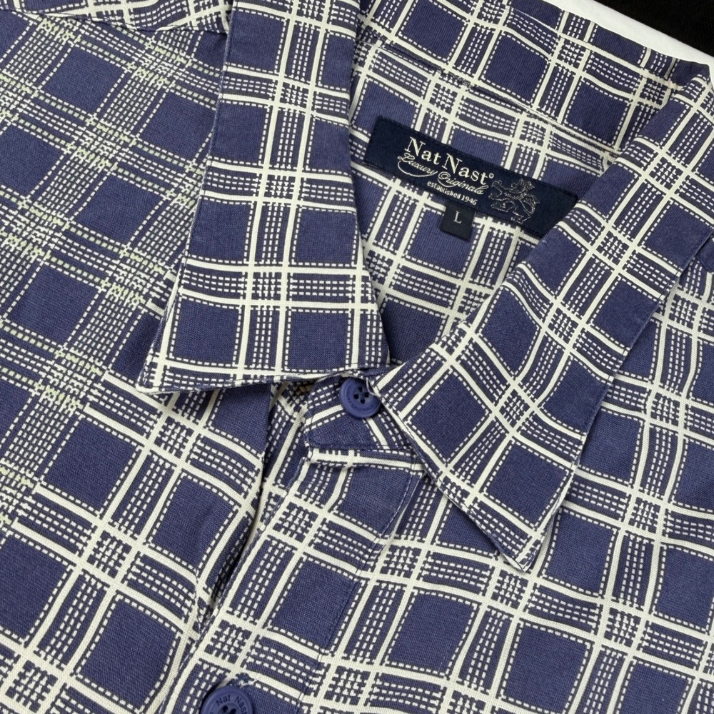 Nat Nast Button Down Shirt Mens L Blue Grid SAM0001 Short Sleeve Mens EUC